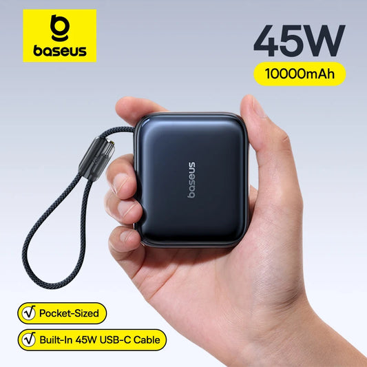 باور بانك باسيوس مصغّر 45 وات بسعة 10000 ميلي أمبير وكابل USB-C مدمج
