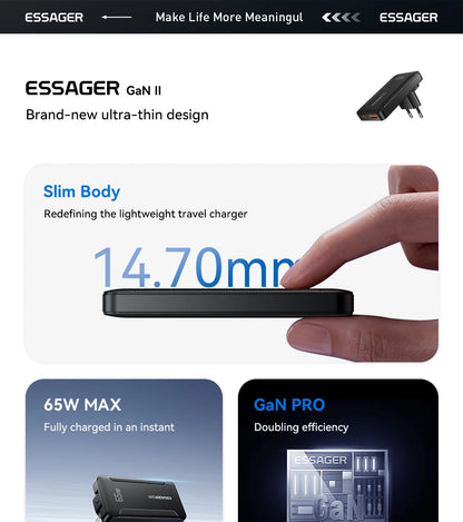 Essager Ultra Thin 65W GaN pro Travel Charger.