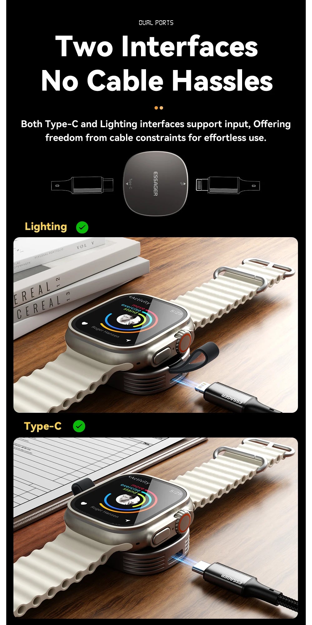 شاحن لاسلكي مغناطيسي Essager لساعة Apple Watch (الإصدارات 2 حتى 8 وSE)