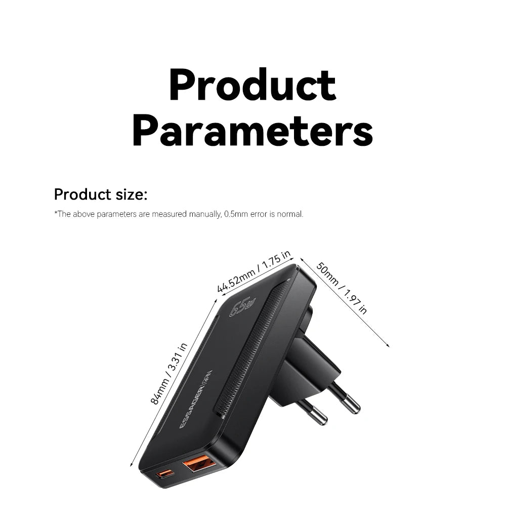 Essager Ultra Thin 65W GaN pro Travel Charger.